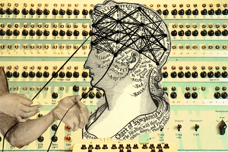 A digital collage featuring a vintage illustration of a head with two anonymous hands pulling on strings, against a background of an old machine.