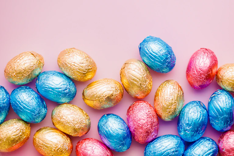 Easter chocolate eggs wrapped in aluminium foil on a pink background