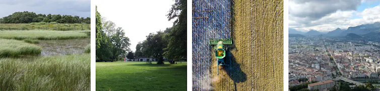 Ces quatre photographies illustrent des niveaux d’artificialisation croissants. Des espaces verts urbains régulièrement tondus ou des espaces agricoles intensifs participent à l’altération des fonctions écologique des sols