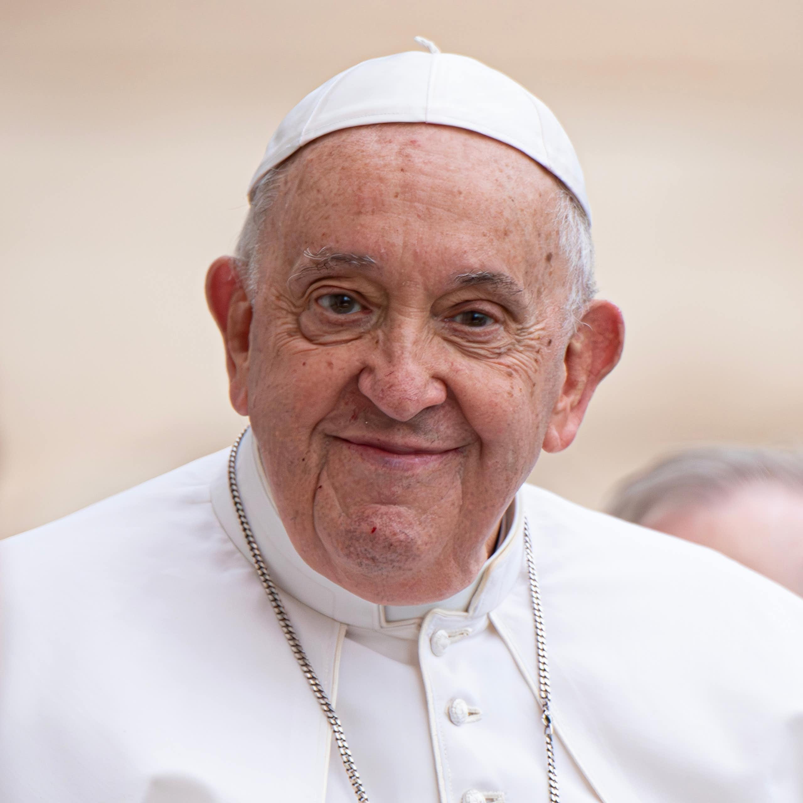 Pope Francis is looking at the camera and smiling.