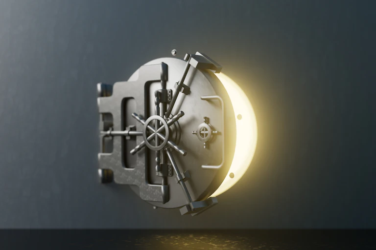 Coffre fort ouvert avec un halo de lumière.