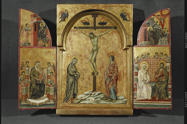Siena: The Upward thrust of Portray, 1300-1350 on the Nationwide Gallery is a outstanding fulfillment 2 A golden triptych depicting the crucifixion.