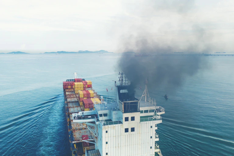 Smoke blows from chimney of large cargo ship