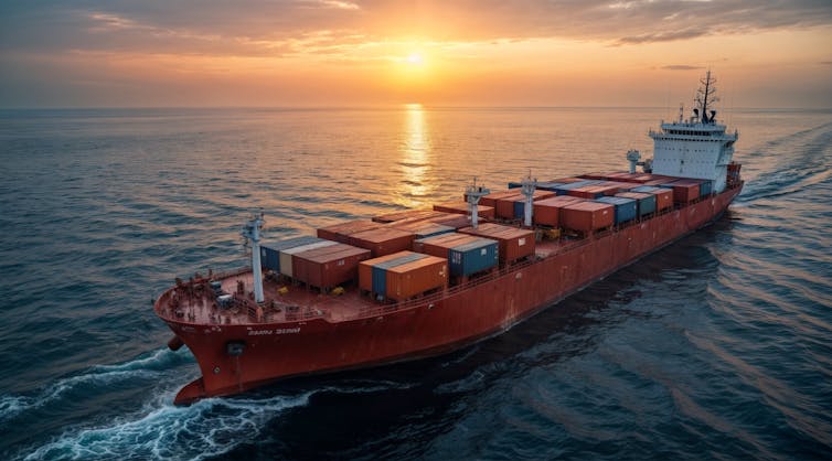 cargo ship at sunset