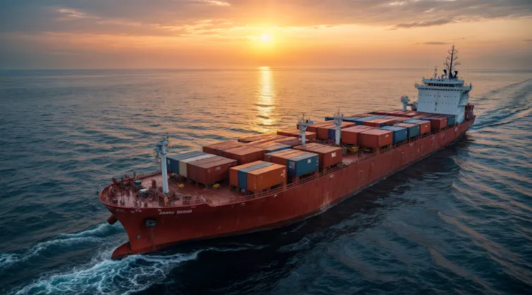 cargo ship at sunset