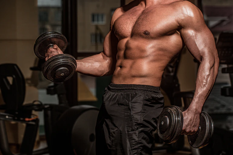 Muscled man lifting weight in gym