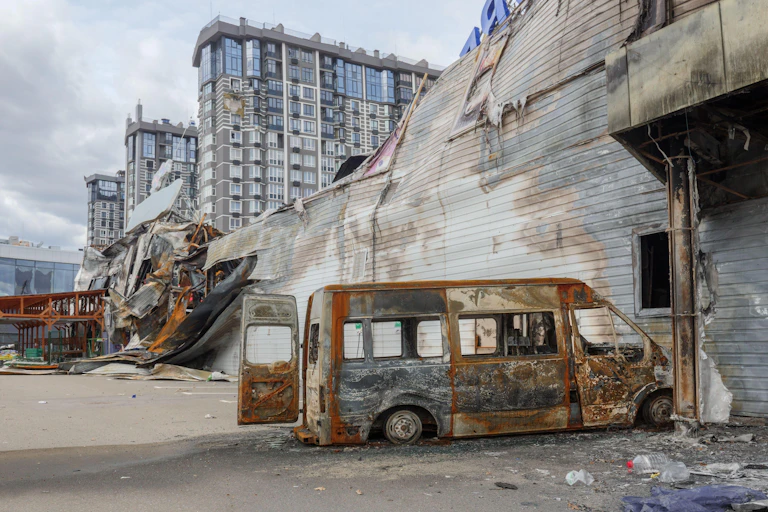 Bomb damaged buildings in Bucha, Ukraine.
