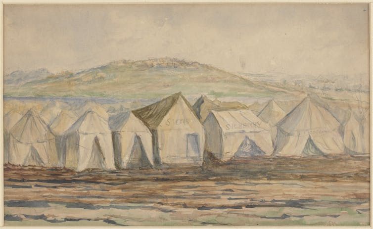 Watercolour sketch of a line of tents.