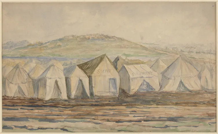 Watercolour sketch of a line of tents.