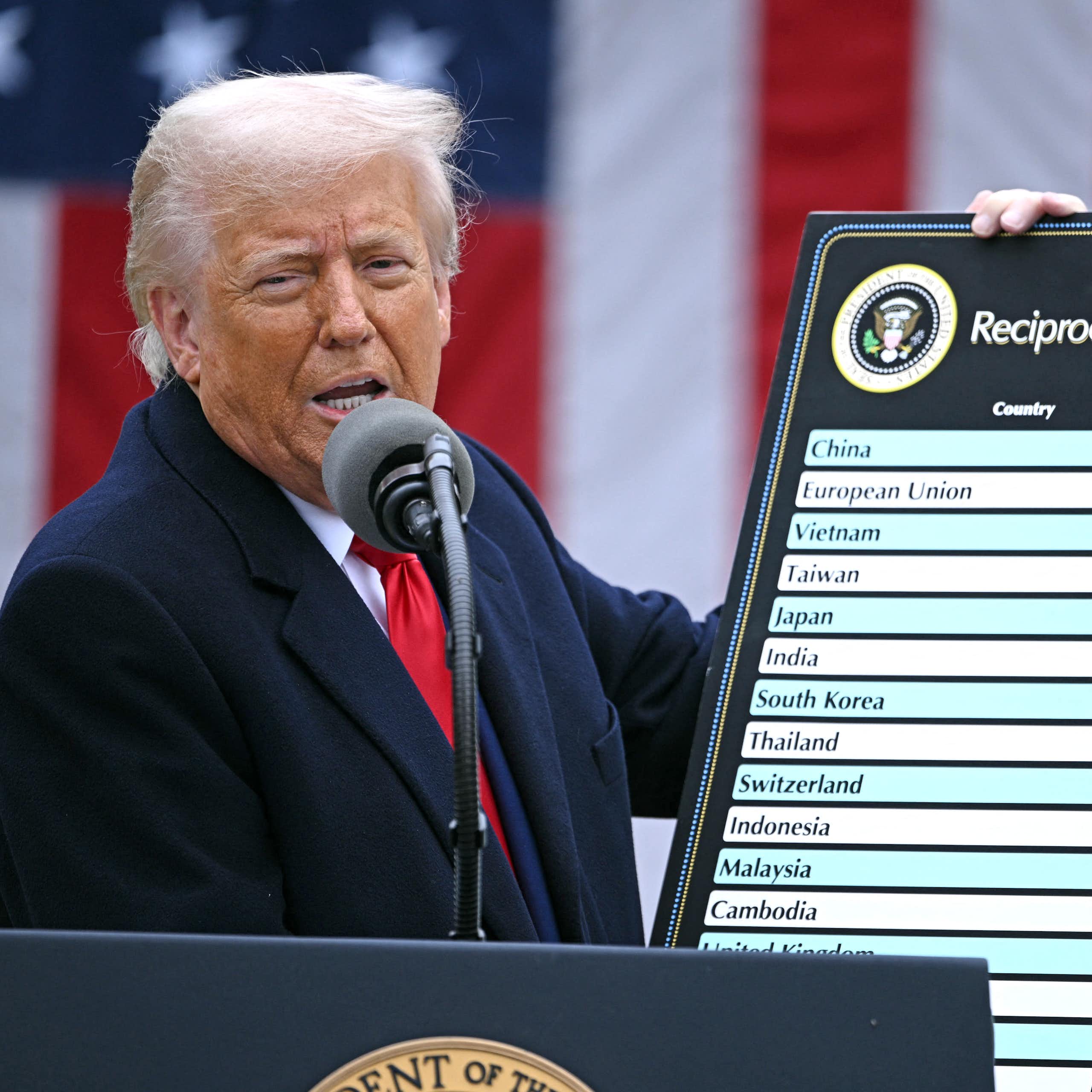 Donald Trump at the White House unveiling major new tariffs targeting dozens of countries.