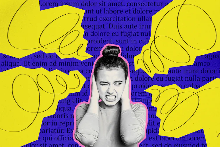 a collage showing a woman covering her ears against a purple background and yellow spirals emanating from her head