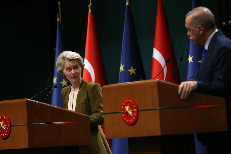 Recep Tayyip Erdogan and Ursula Von der Leyen at a press conference