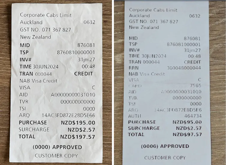 An AI generated receipt (left) and a photo of a genuine receipt (right).