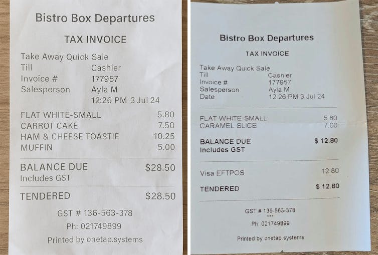 An AI generated fraudulent receipt (left) and a photo of a genuine receipt (right)