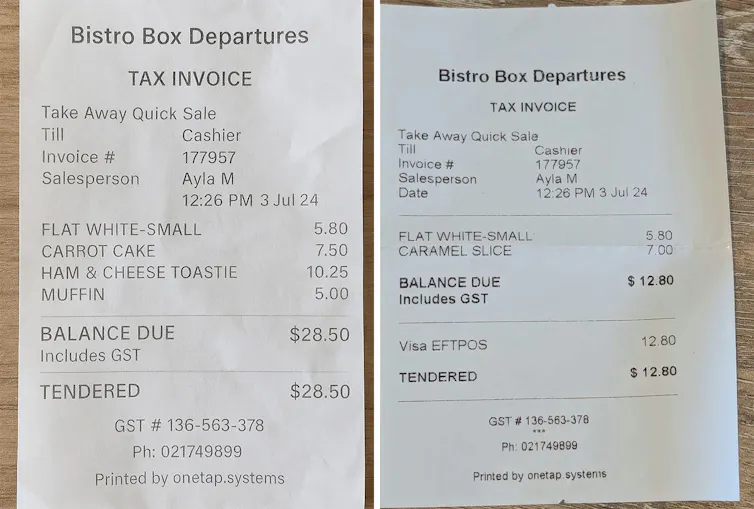 An AI generated fraudulent receipt (left) and a photo of a genuine receipt (right)
