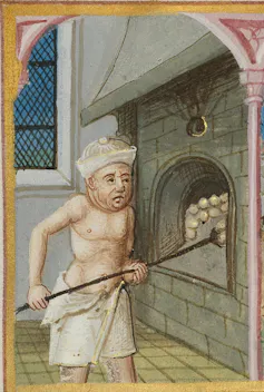 Medieval painting, a man stands shirtless next to an oven.