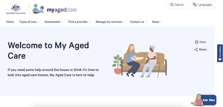 Screenshot of My Aged Care website