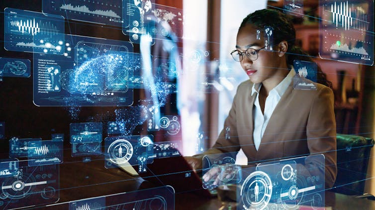 A computer-generated image of a young black woman working in AI.