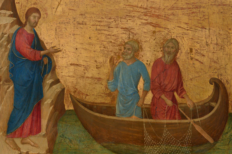 Painting of Jesus speaking to two disciples who are in a boat.