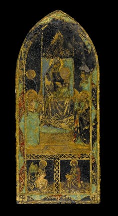 A window-shaped work showing Mary and baby Jesus.
