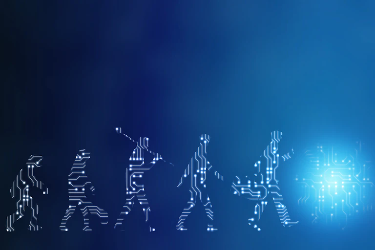 Illustration of evolution of humanity from primates to an unknown future with a blue light.