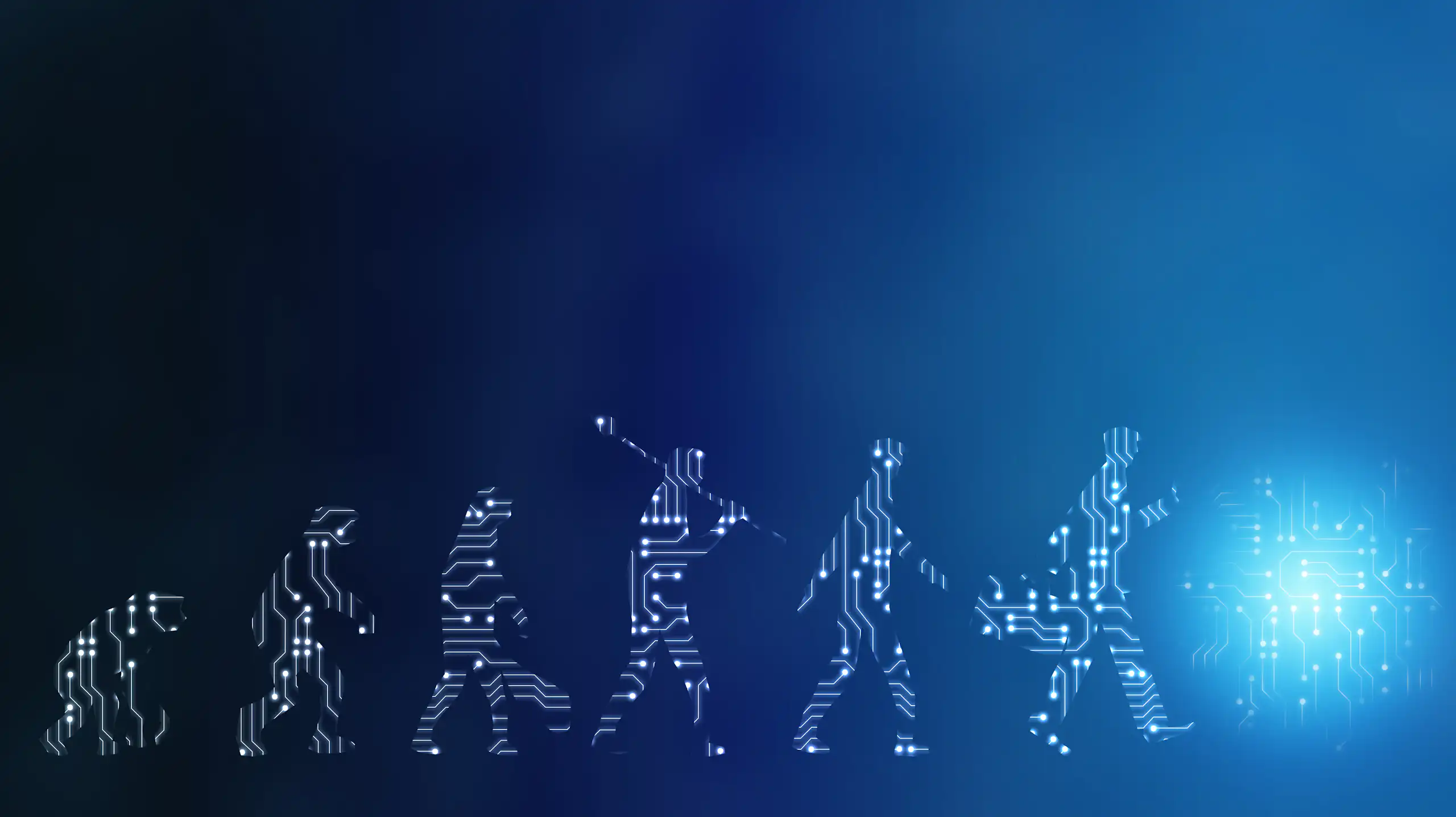 Illustration of evolution of humanity from primates to an unknown future with a blue light.