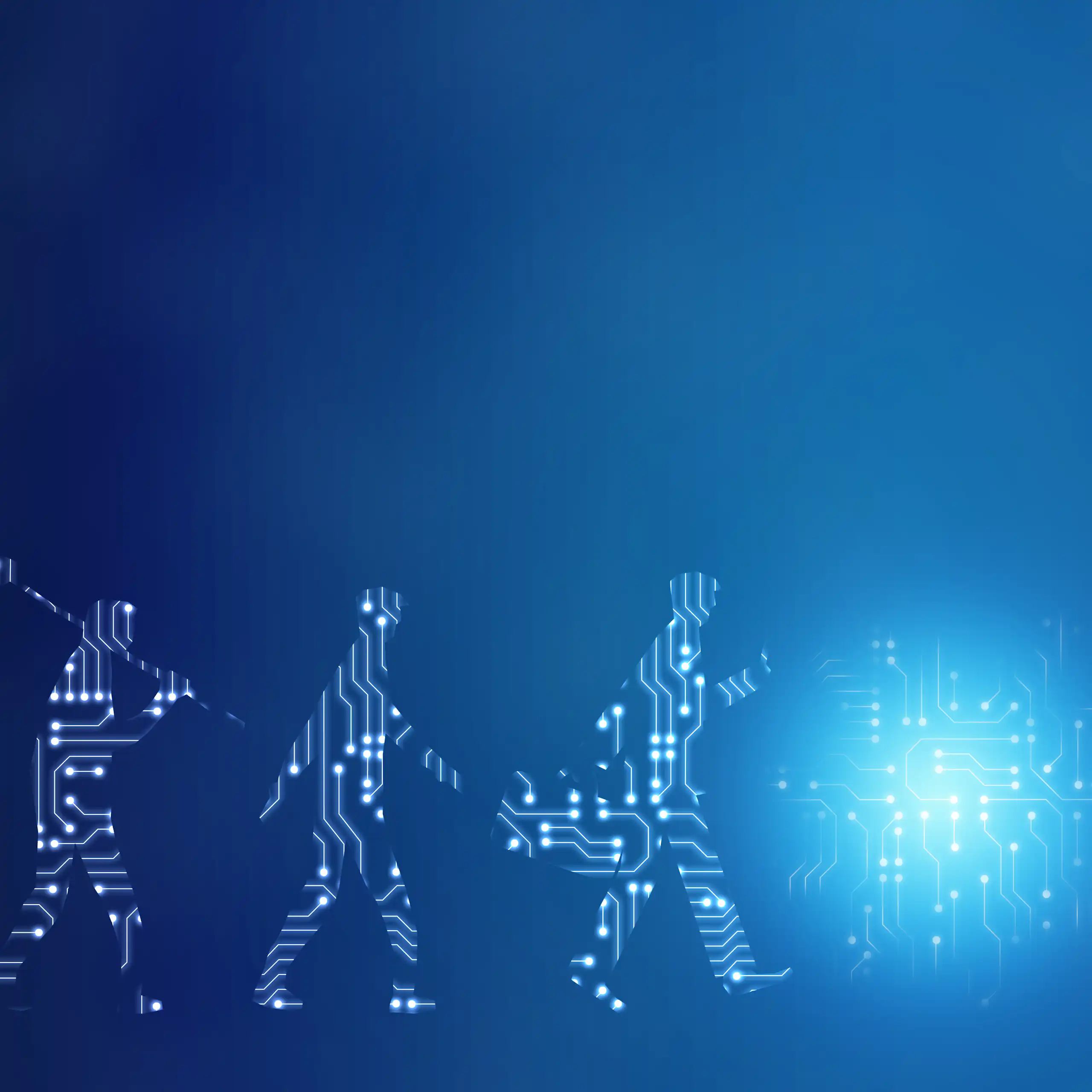 Illustration of evolution of humanity from primates to an unknown future with a blue light.