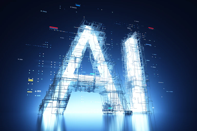 Graphic of the letters AI in white against a dark background