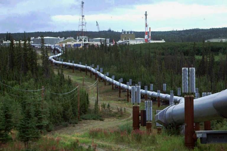 A large pipe runs through a wooded area to a cleared space with tanks and metal towers.