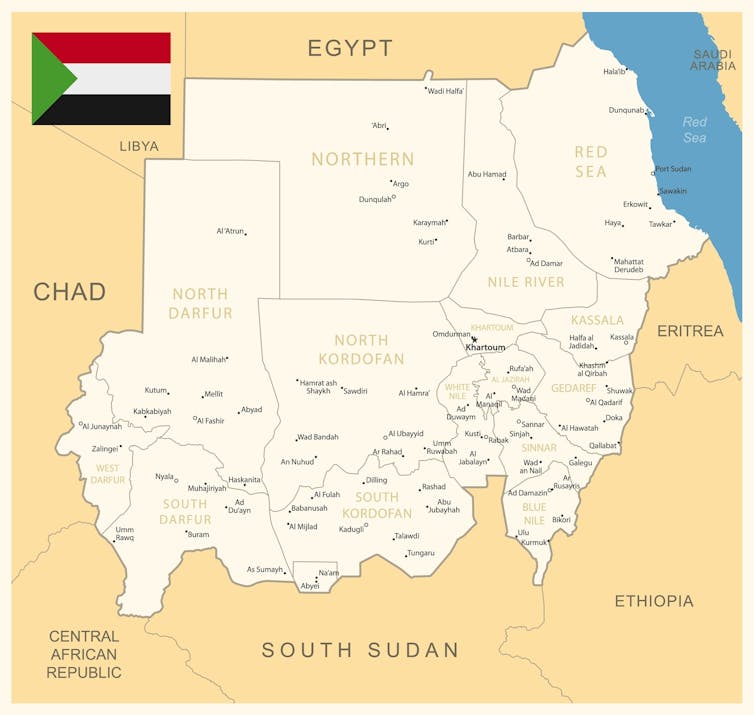 Map of Sudan showing main regions.