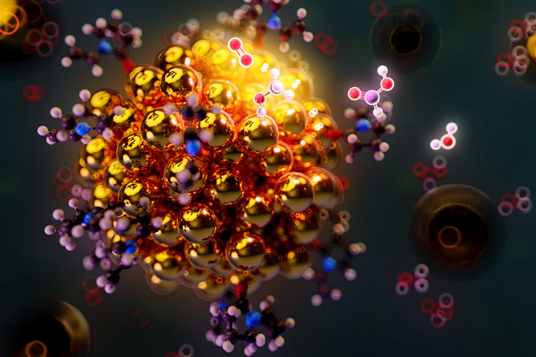 Hundreds of tiny gold balls - nanoparticles - are seen bunching around a shiny sphere - an oxidation reaction