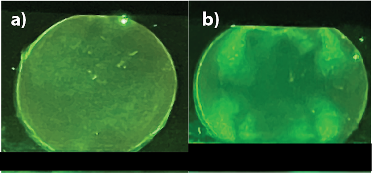Two circles, the left showing a translucent circle, and the right showing a circle with darker shading representing applied force.