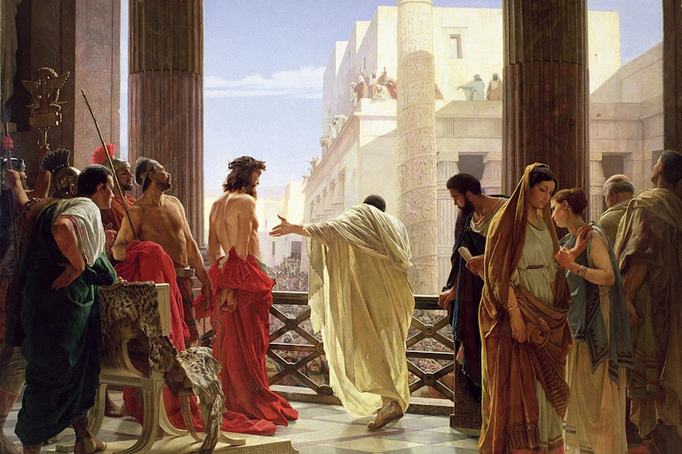 A colorful painting shows a group of people gathered on a balcony overlooking a city with white walls.