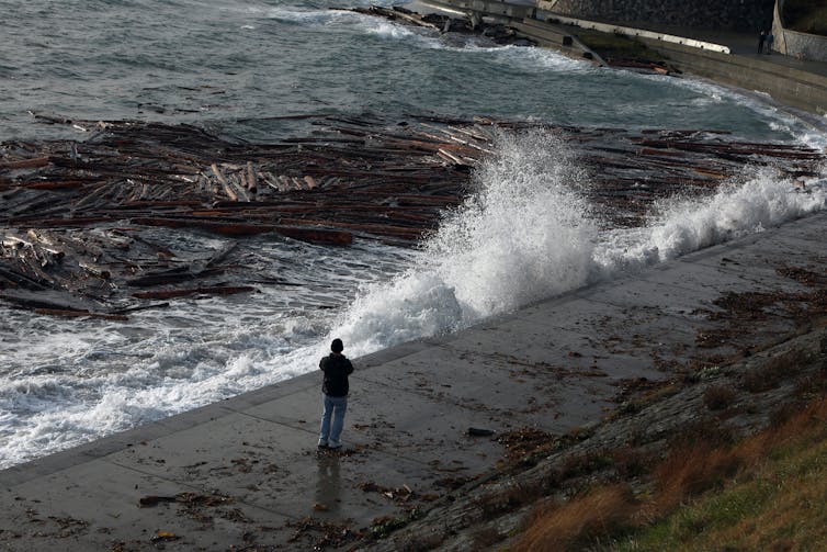 Una persona camina a lo largo de la orilla con choques de olas