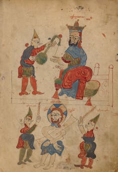 A yellowed page of a manuscript with a picture of a kinglike figure and his attendant, while a half-dressed man is being struck by two soldiers.