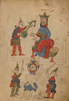 A yellowed page of a manuscript with a picture of a kinglike figure and his attendant, while a half-dressed man is being struck by two soldiers.
