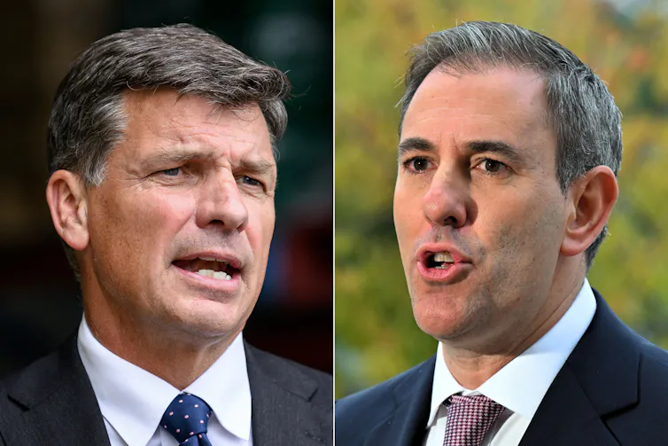 Shadow Treasurer Angus Taylor and (right) Treasurer Jim Chalmers. Neither side has promised major economic reform.