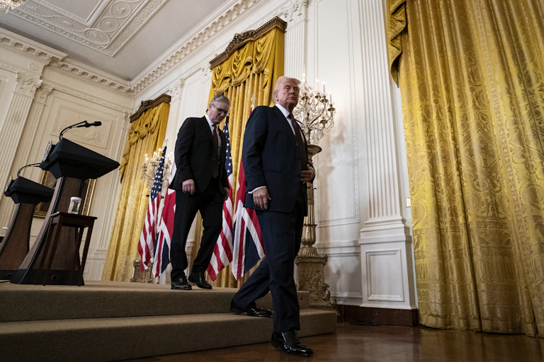 uk prime minister follows us president donald trump away from the lecterns after a press conference at the white house.