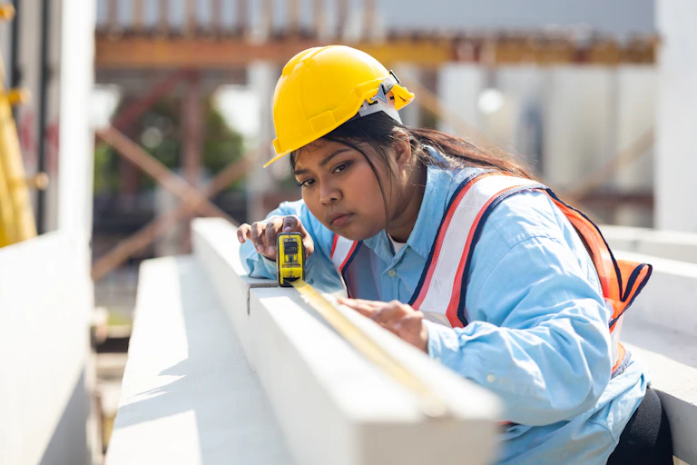 a woman in a hard hat measures a length of wood with a yellow measuring tape