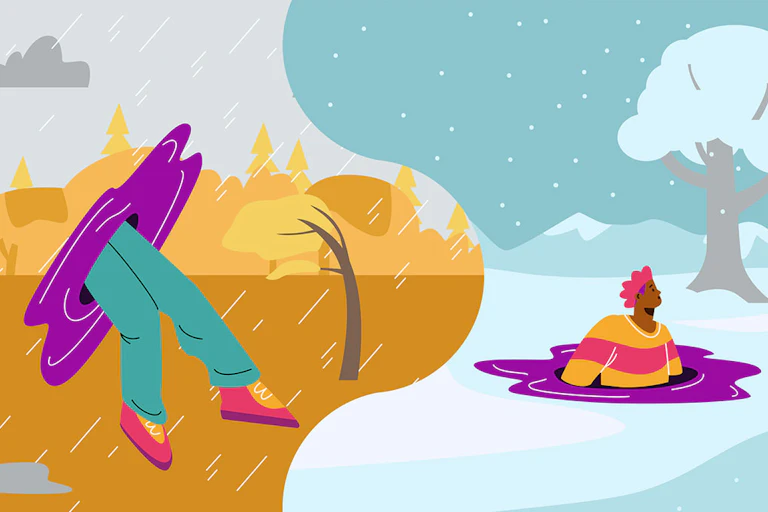 Ilustración que muestra un escenario de incendios y otro de lluvia.