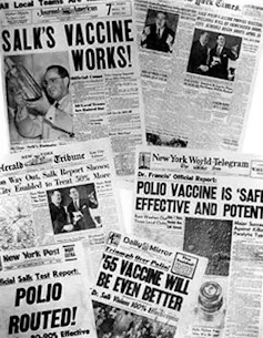 Montage of newspaper headlines announcing the success of the polio vaccine