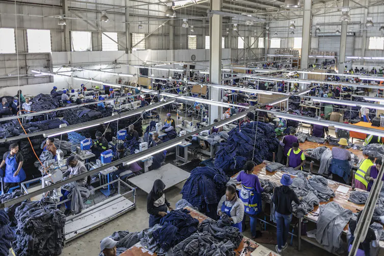 An aerial view of a busy textiles factory.