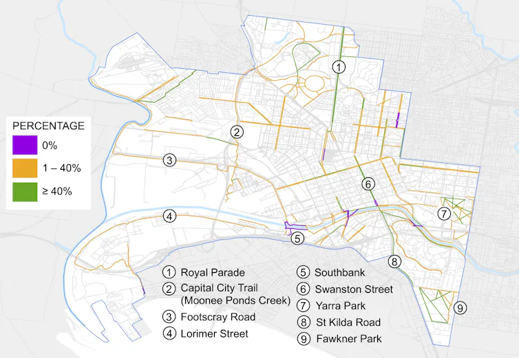 The percentage of tree canopy coverage for existing bicycle lanes in the City of Melbourne, broken down into zero (purple), 1-40% (orange) and greater than 40% (green)