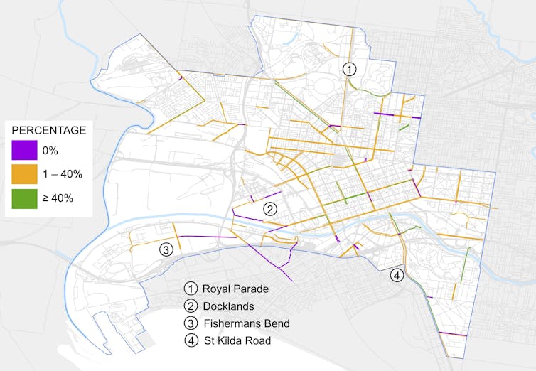 The percentage of tree canopy coverage for proposed bicycle lanes in the City of Melbourne, broken down into zero (purple), 1-40% (orange) and greater than 40% (green)