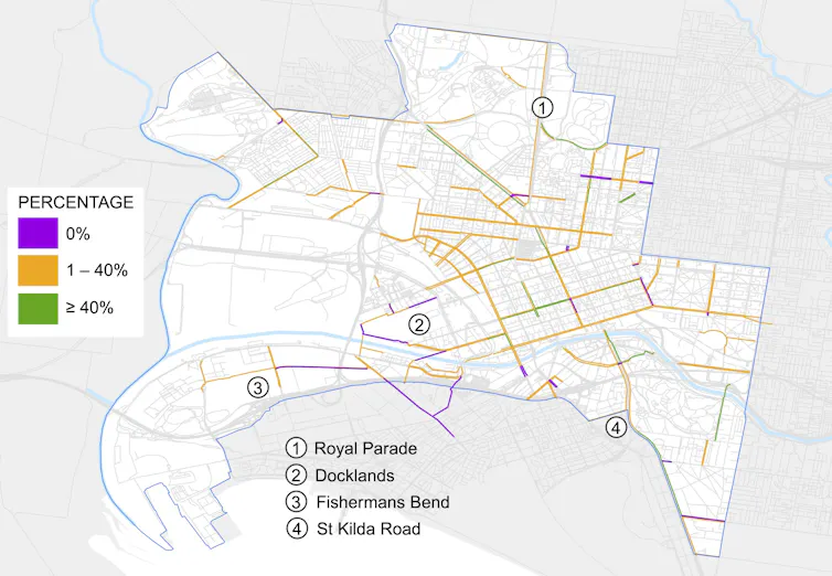 The percentage of tree canopy coverage for proposed bicycle lanes in the City of Melbourne, broken down into zero (purple), 1-40% (orange) and greater than 40% (green)