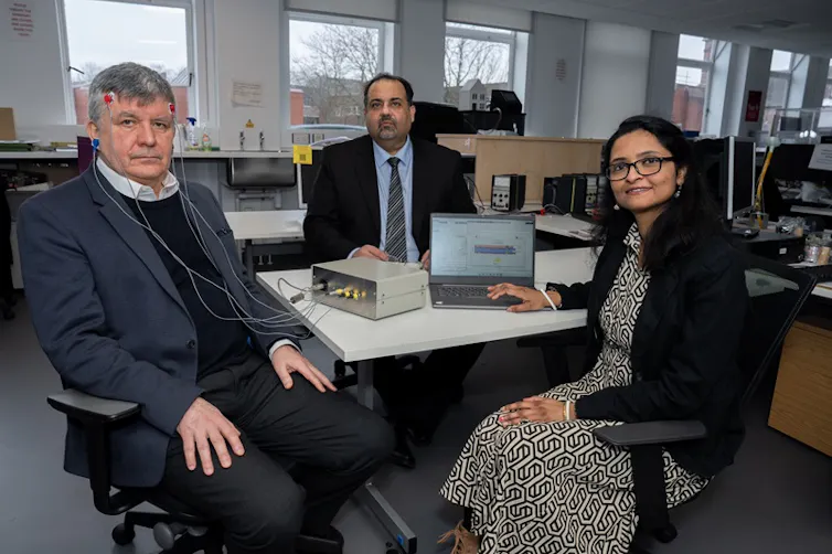 NTU's EEG brainwave device along with Dr Ahmet Omurtag, Professor Amin Al-Habaibeh and Sharmila Majumdar.