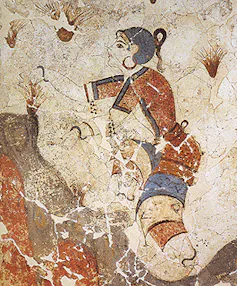Fresque représentant des cueilleuses de safran qui témoignent de la culture précoce de cette plante médicinale. Musée préhistorique de Thira, Fira, Santorin