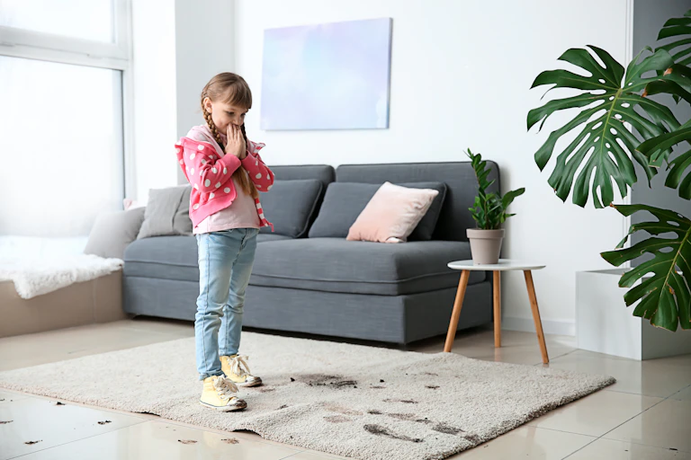 Little girl worried after trekking dirty footprints over a cream coloured rug