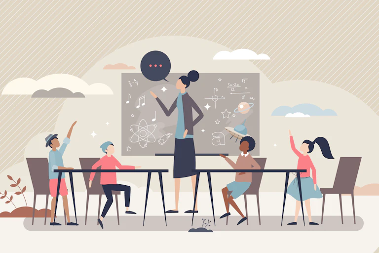 Illustrated image of a teacher surrounded by engaged children.