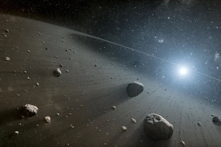 Illustration showing a ring of rocks and dust circling a brightly glowing body in space.